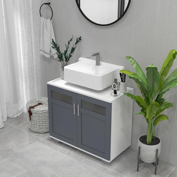 Móvel para Lavatório Pousar com 2 Portas com Vidro Temperado e Prateleira Ajustável 69x35x59 cm Branco e Cinza