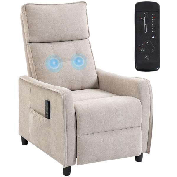 Poltrona de Massagem Reclinável com Apoio para Pés 2 Zonas de Massagem Assento com Molas Bolsos Estofamento em Linho Creme