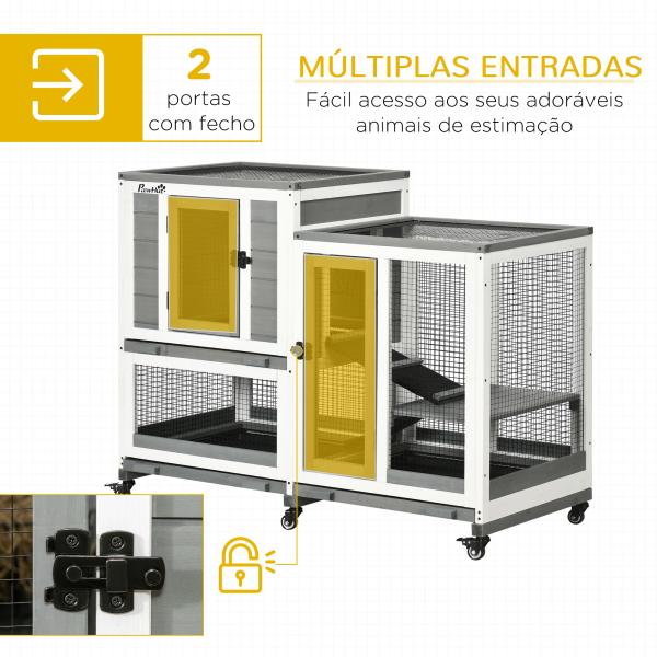 Coelheira de Madeira Interior Gaiola para Coelhos de 2 Níveis com Rodas 2 Rampas 3 Bandejas Amovíveis 110x50x86 cm Cinza