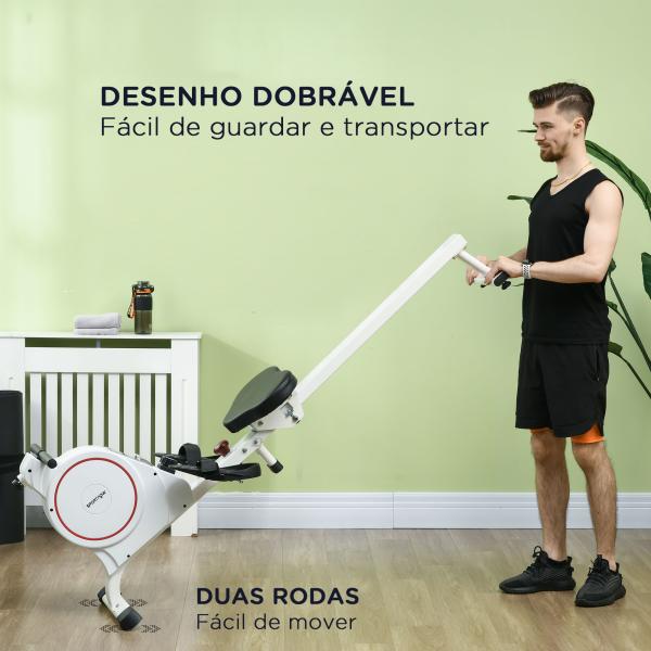 Máquina de Remo Dobrável com Resistência de 8 Níveis Ecrã LCD e 2 Rodas de Transporte 180x48x60 cm Branco