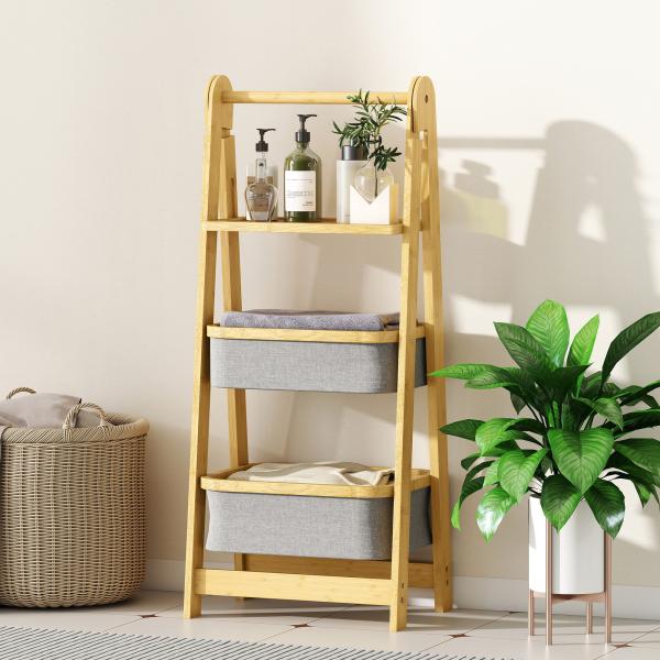 Estante Dobrável para Casa de Banho de Bambu com 2 Cestos para Roupa Suja Estante Aberto 44,5x32x99 cm Cinzento