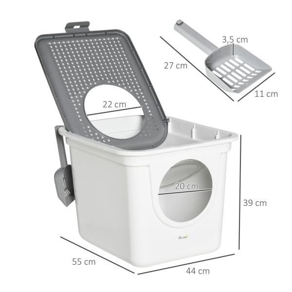 Caixa de Areia para Gatos com Pá Sanita para Animais de Estimação com 2 Portas 44x55x39 cm Branco e Cinza
