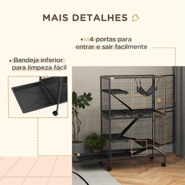 Gaiola para Roedores 80x52x128 cm Casa de 4 Alturas com Rampas Suspensa Rede Bandeja Removível Rodas Cinza Escuro