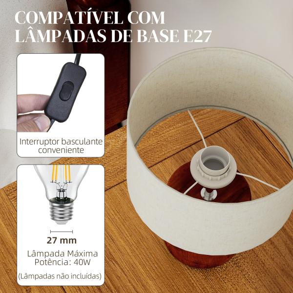 Candeeiro de Mesa Rústico com Base de Madeira Ecrã de Linho Interruptor Basculante E27 40W Ø20x27 cm Madeira e Bege