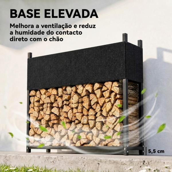 Suporte para Lenha com Cobertura Oxford 600D, Aço Galvanizado, 250 kg, Interior e Exterior, Preto