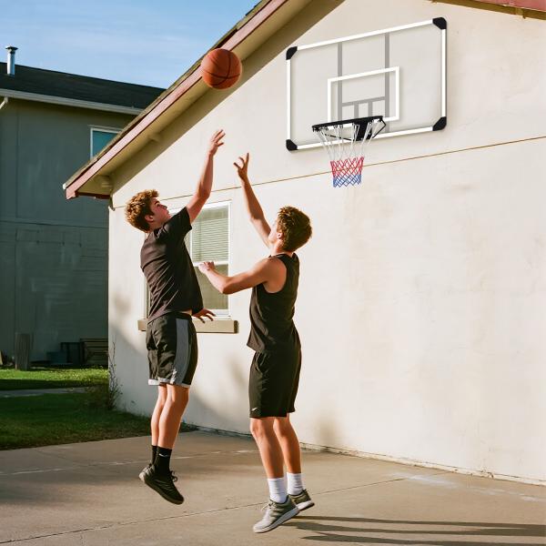 Tabela de Basquetebol de Parede com Aro, Rede e Estrutura em Aço para Exterior, 113x61x73 cm, Branco e Preto