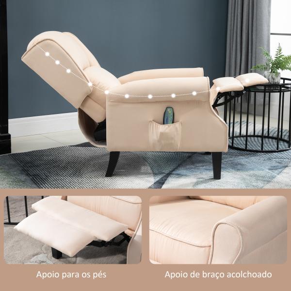 Poltrona de Massagem Poltrona Relax Reclinável com Controlo Remoto 2 Áreas de Massagem Bolso Lateral 78x83x101 cm Bege