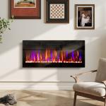 Lareira Elétrica Ultrafina de Parede e Embutir com Chama 3D Brilho/Velocidade Ajustável 12 Cores Pedras 900/1800W 106,7x9,4x47 cm Preto