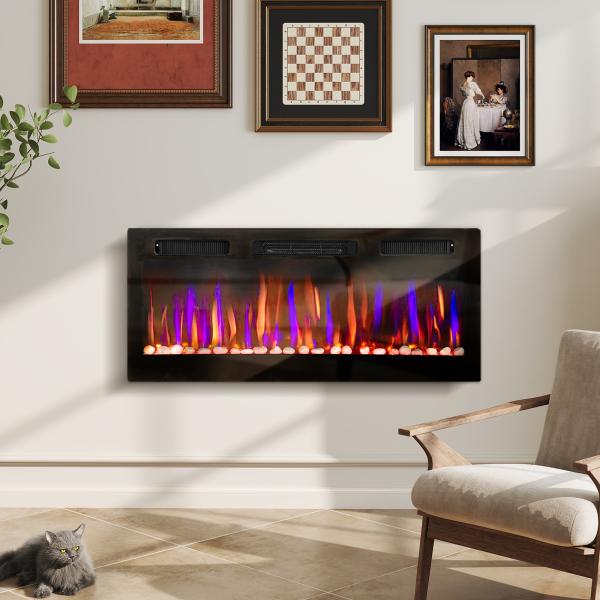 Lareira Elétrica Ultrafina de Parede e Embutir com Chama 3D Brilho/Velocidade Ajustável 12 Cores Pedras 900/1800W 106,7x9,4x47 cm Preto