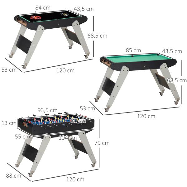 Mesa de Jogos 6 em 1 com Rodas Bilhar Matraquilho Ping Pong Lançamento de Anéis Hóquei com Bastão e Hóquei com Discos 120x88x79cm Multicor