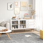 Aparador de Sala de Estar com 2 Portas de Vidro 3 Gavetas e Pés de Madeira de Borracha 160x40x80 cm Branco e Madeira