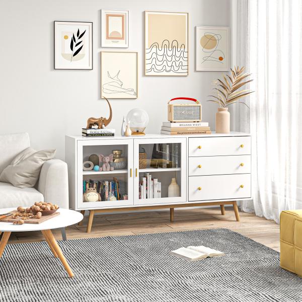 Aparador de Sala de Estar com 2 Portas de Vidro 3 Gavetas e Pés de Madeira de Borracha 160x40x80 cm Branco e Madeira