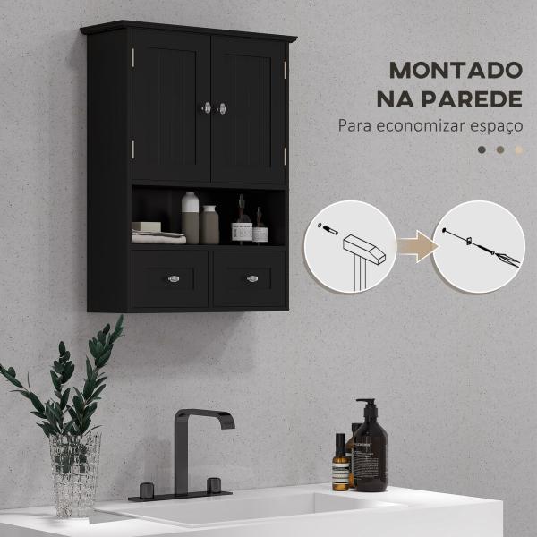 Armário de Parede para Casa de Banho com 2 Portas Prateleira Aberta e 2 Gavetas Estilo Moderno 50,8x17,8x66 cm Preto