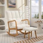 Poltrona de Baloiço com Apoio para os Pés Estofado em Bouclé com Almofada Acolchoada Encosto Ergonómico Apoios de Braços e Pés de Madeira 64,5x82x89 cm Branco