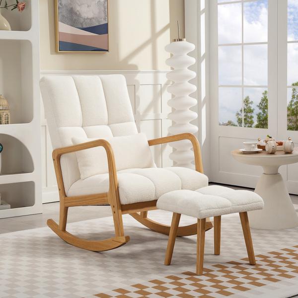 Poltrona de Baloiço com Apoio para os Pés Estofado em Bouclé com Almofada Acolchoada Encosto Ergonómico Apoios de Braços e Pés de Madeira 64,5x82x89 cm Branco