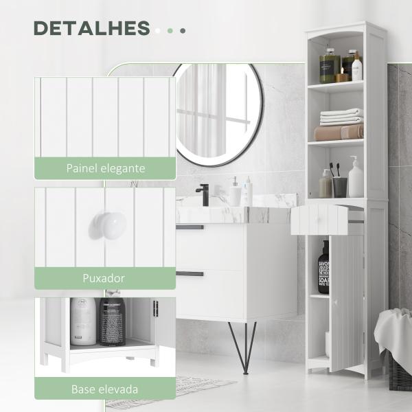 Armário de coluna multiuso branco para banheiro com prateleiras 34x24x170cm 3 prateleiras 1 porta e 1 gaveta