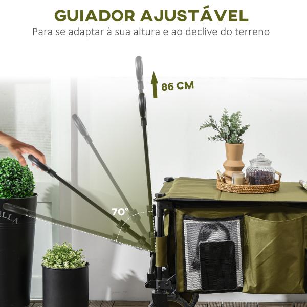 Carrinho Dobrável de com Rodas com Guiador Bancada Dobrável 5 Bolsas de Armazenamento 108x55x93cm Verde Escuro