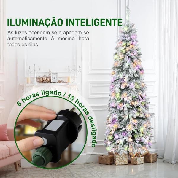 Árvore de Natal Estreita 180 cm Árvore de Natal Nevada com Luzes LED Temporizador 11 Modos de Iluminação Verde