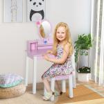 Toucador Infantil com Banco e Espelho Mesa de Maquilhagem Infantil Estilo Princesa de Madeira 59x39x92cm Rosa