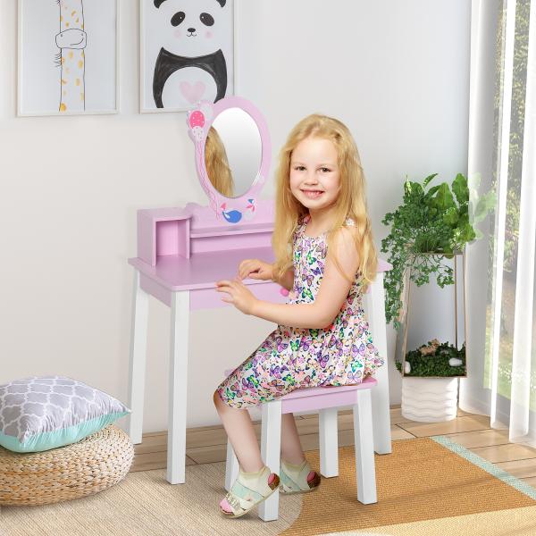 Toucador Infantil com Banco e Espelho Mesa de Maquilhagem Infantil Estilo Princesa de Madeira 59x39x92cm Rosa