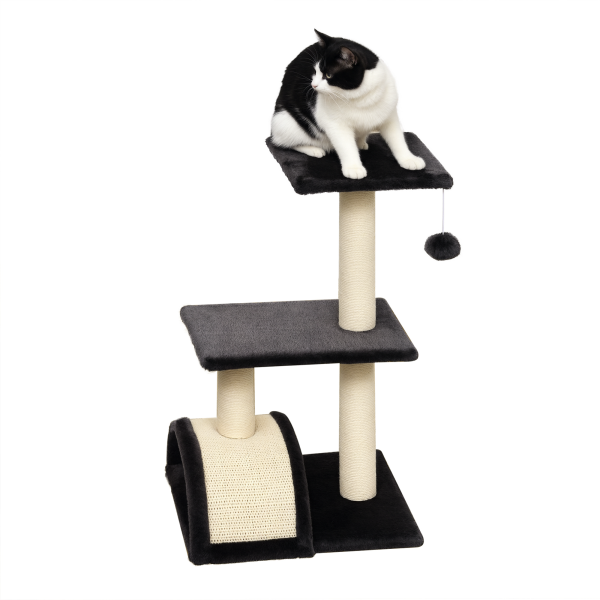 Arranhador para Gatos Médio de 3 Níveis com Postes de Sisal Placa para Arranhar e Bola Suspensa 40x35x72 cm Cinzento Escuro
