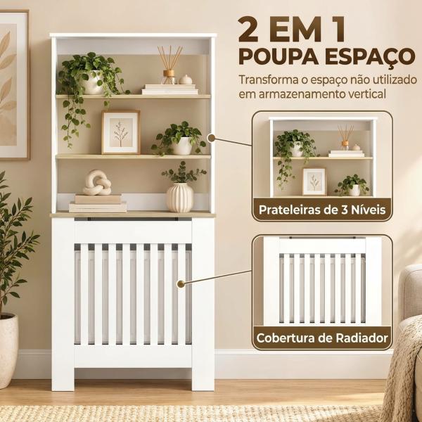 Cobre - radiador com Design Ripado, Estante de 3 Níveis, 78x19x165 cm, Branco e Carvalho