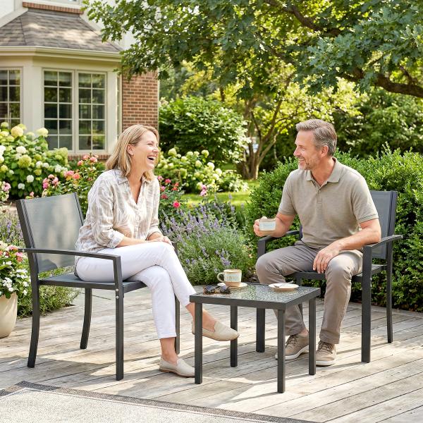 Conjunto de Mesa e Cadeiras com 3 Peças Conjunto de Jardim 2 Cadeiras de Textilene e Mesa de Vidro Cinzento Claro