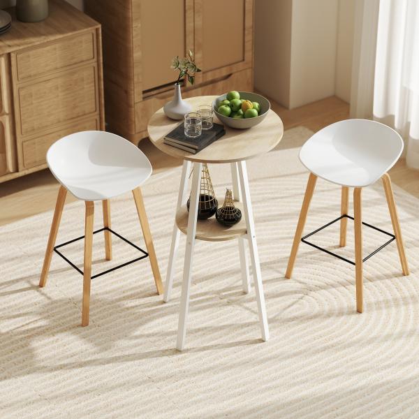 Mesa Alta de Cozinha Redonda com Prateleira de Armazenamento para 2 Pessoas com Estrutura de Metal 55x55x95 cm Madeira e Branco