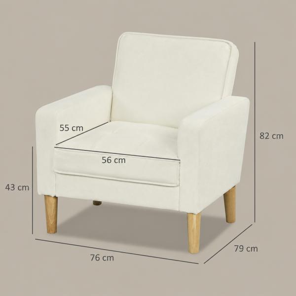 Poltrona Sala de Estar Estofada em Veludo Poltrona de Leitura com Assento com Botões e Pés de Madeira 76x79x82 cm Creme