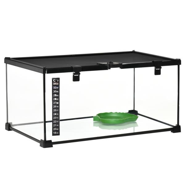 Terrário para Répteis em Vidro com Termómetro e Taça de Água para Lagartos, Cobras e Aranhas 50x30x25 cm Preto