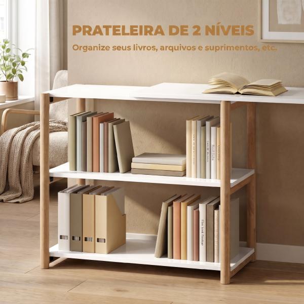 Secretária de Canto Dobrável em L 150 cm com Prateleiras e Estrutura em Bambu para Quarto e Estúdio, Branco