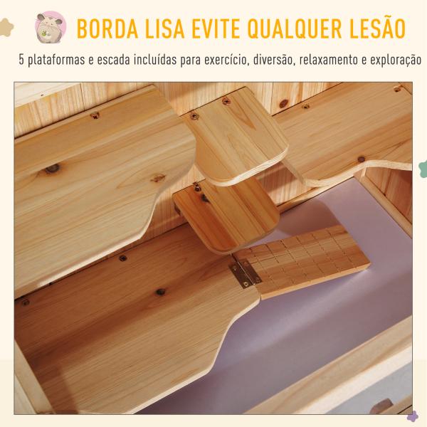 Gaiola de Madeira para Hamster com 5 Plataformas Rampa Dobrável Janela de Acrílico e Prateleira Inferior 60x40x80 cm Madeira Natural