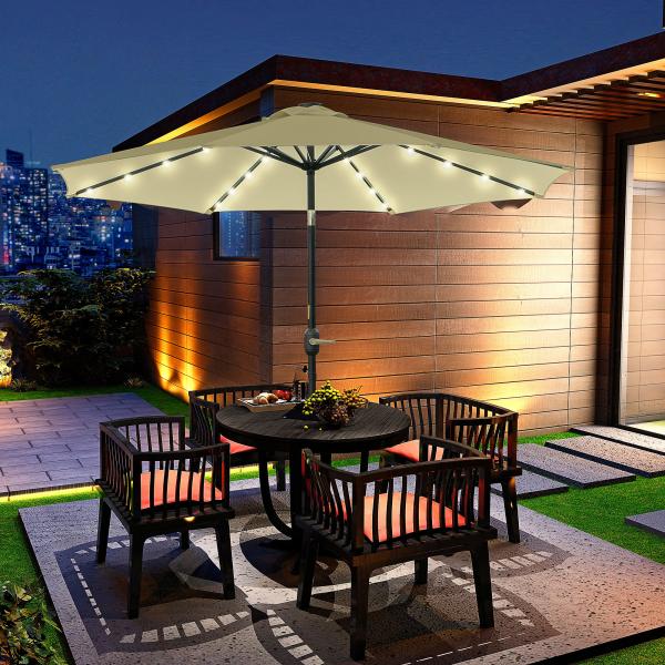 Chapéu de Sol Exterior para Terraço, Ø265 cm, Guarda - sol de Jardim com 32 Luzes LED Solares, Poste de Aço e Manivela de Guarda - sol Inclinável, para Pátio, Terraço, Bege