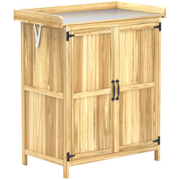 Armário de Exterior em Madeira com Tampo Basculante Prateleira 2 Portas para Armazenamento de Ferramentas 74x43x88 cm Madeira