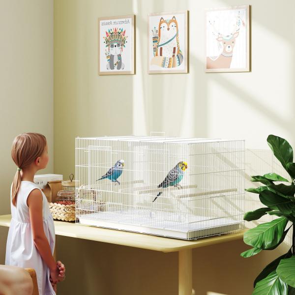 Gaiola para Pássaros com Divisória Gaiola para Aves com 4 Comedouros 4 Poleiros e Bandeja Amovível 76x46x46 cm Branco