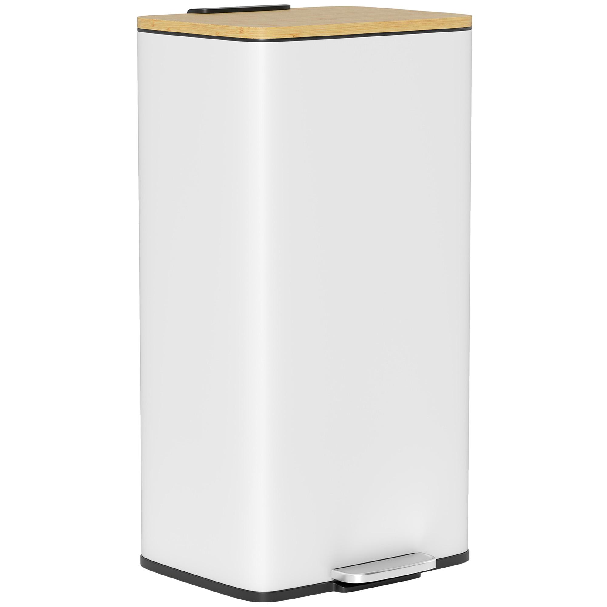 Balde de Lixo de Cozinha com Pedal 20L Tampa de Bambu com Fecho Suave 29,5x29,5x56,8 cm Branco e Madeira
