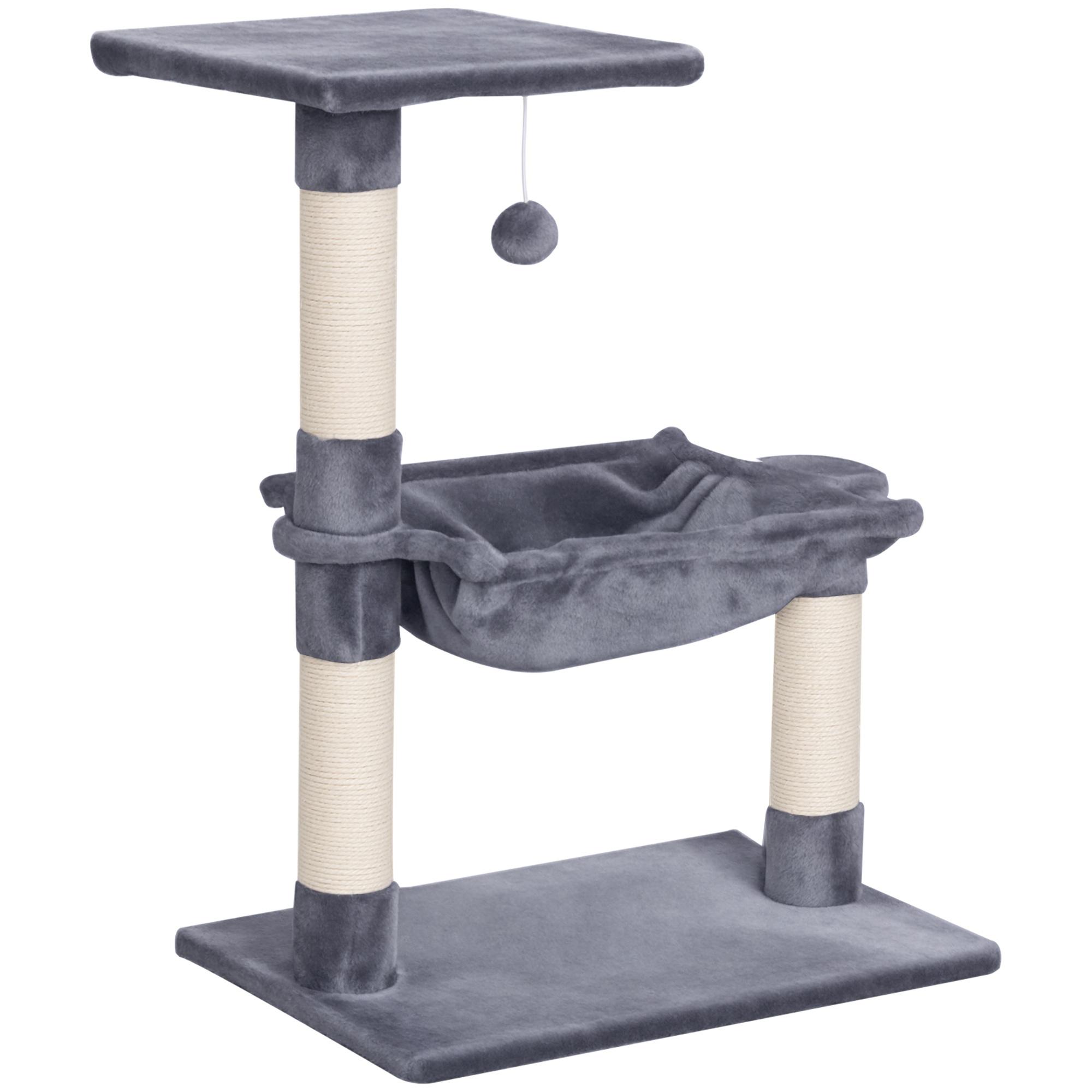 Árvore Arranhador para Gatos Torre para Gatos 50x36x70 cm com Rede Plataforma Poste de Sisal e Bola Suspensa Cinza