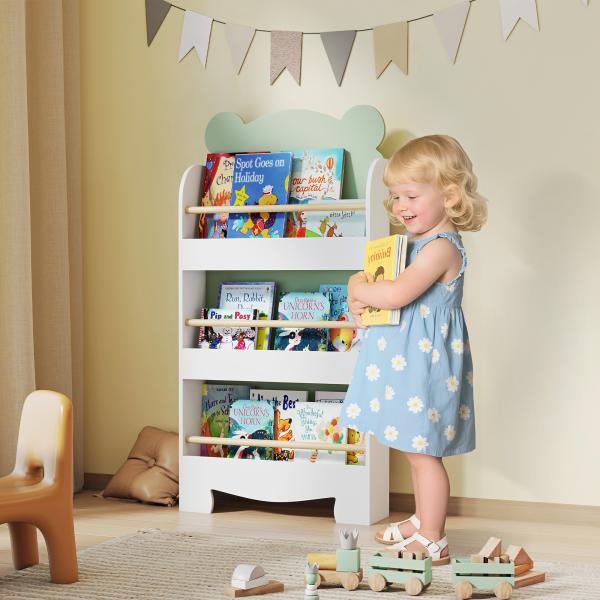 Estante Infantil 3 Níveis Design de Ursinho Cantos Arredondados e Barreiras de Segurança para Livros e Brinquedos Verde