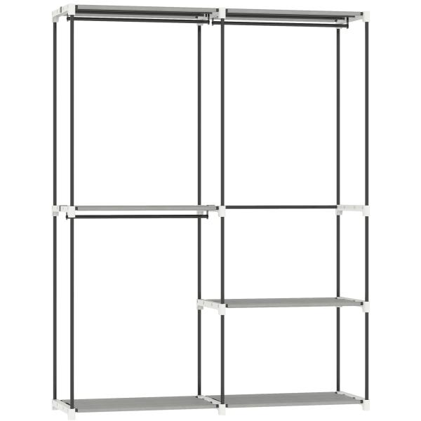 Armário de Roupa Aberto 142x43x185 cm Armário para Roupas com 4 Prateleiras de Tecido 3 Barras para Pendurar Cinzento