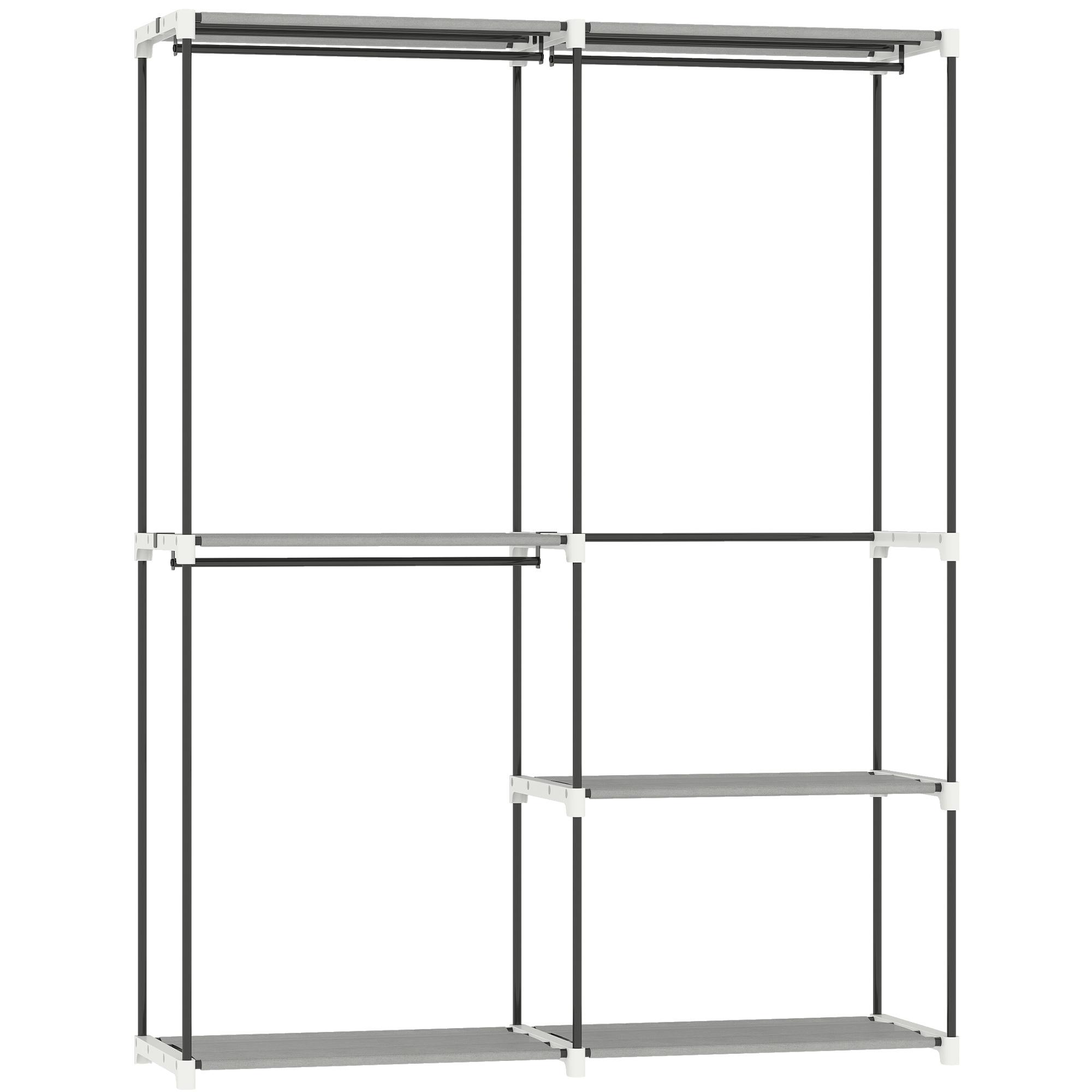 Armário de Roupa Aberto 142x43x185 cm Armário para Roupas com 4 Prateleiras de Tecido 3 Barras para Pendurar Cinzento
