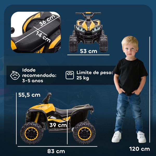 Quadriciclo Elétrico para Crianças de 3 - 5 Anos Veículo Eléctrico a Bateria 12V com 2 Motores 83x53x55,5 cm Amarelo