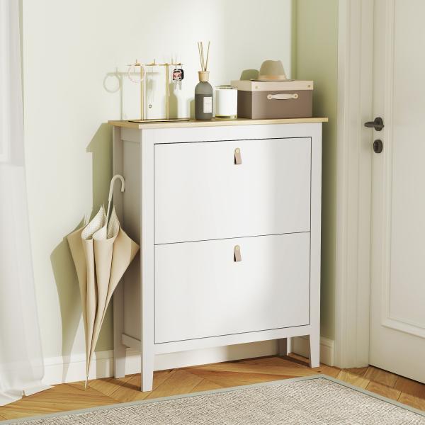 Sapateira Estreita com 2 Gavetas Prateleiras Ajustáveis e Puxadores em PU para 14 Pares de Sapatos 80x24x95,5 cm Branco