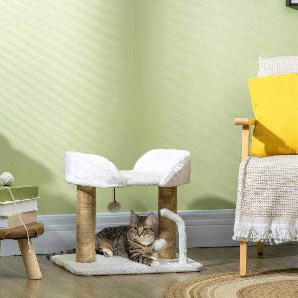 Arranhador para Gatos Pequenos Altura 42 cm Arranhador para Gatos com Cama Bolas Supensas e Postes de Juta 48x38x42 cm Branco