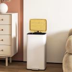 Balde de Lixo de Cozinha com Pedal 20L Tampa de Bambu com Fecho Suave 29,5x29,5x56,8 cm Branco e Madeira