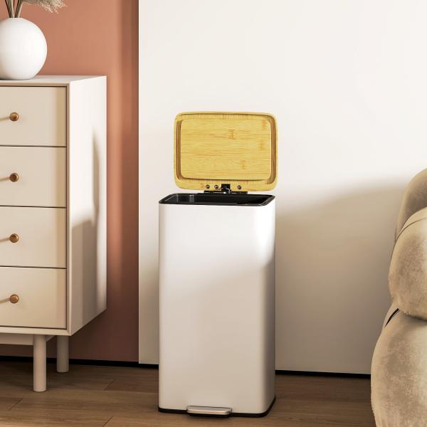 Balde de Lixo de Cozinha com Pedal 20L Tampa de Bambu com Fecho Suave 29,5x29,5x56,8 cm Branco e Madeira