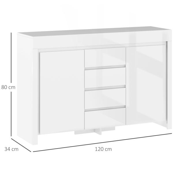 Aparador Sala de Estar com Luzes LED 4 Gavetas Prateleiras Ajustáveis e Controlo Remoto 120x34x80 cm Branco Brilhante
