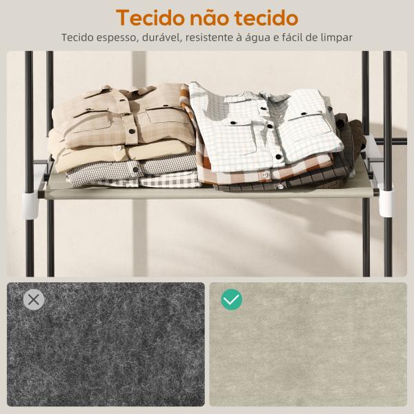 Armário de Roupa Aberto 142x43x185 cm Armário para Roupas com 4 Prateleiras de Tecido 3 Barras para Pendurar Creme