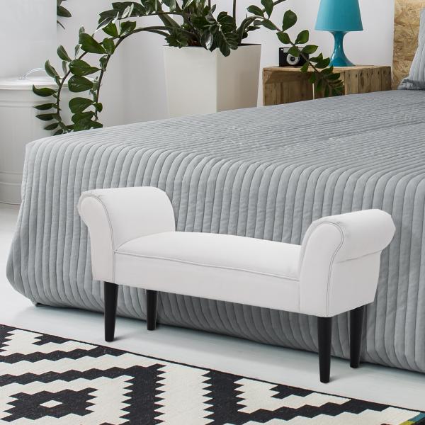 Banco de Pé de Cama Banco com Braços Curvados Estofado e Pés de Madeira Carga Máxima 130kg 102x31x51cm Branco