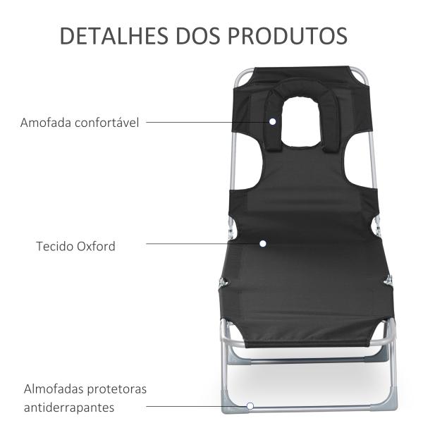 Espreguiçadeira de Jardim Reclinável e Dobrável com Orifício de Leitura Apoio para Cabeça e Encosto Ajustável em 4 Níveis para Praia 182x56x24,5 cm Preto