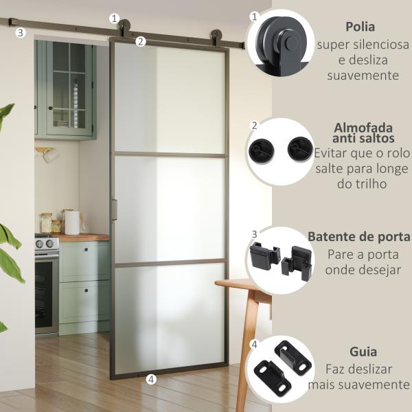 Ferragem para Porta de Correr Kit de Acessórios para Porta Corredeira com 2 Trilhos de Aço de Carbono 200x40x0,6cm Preto